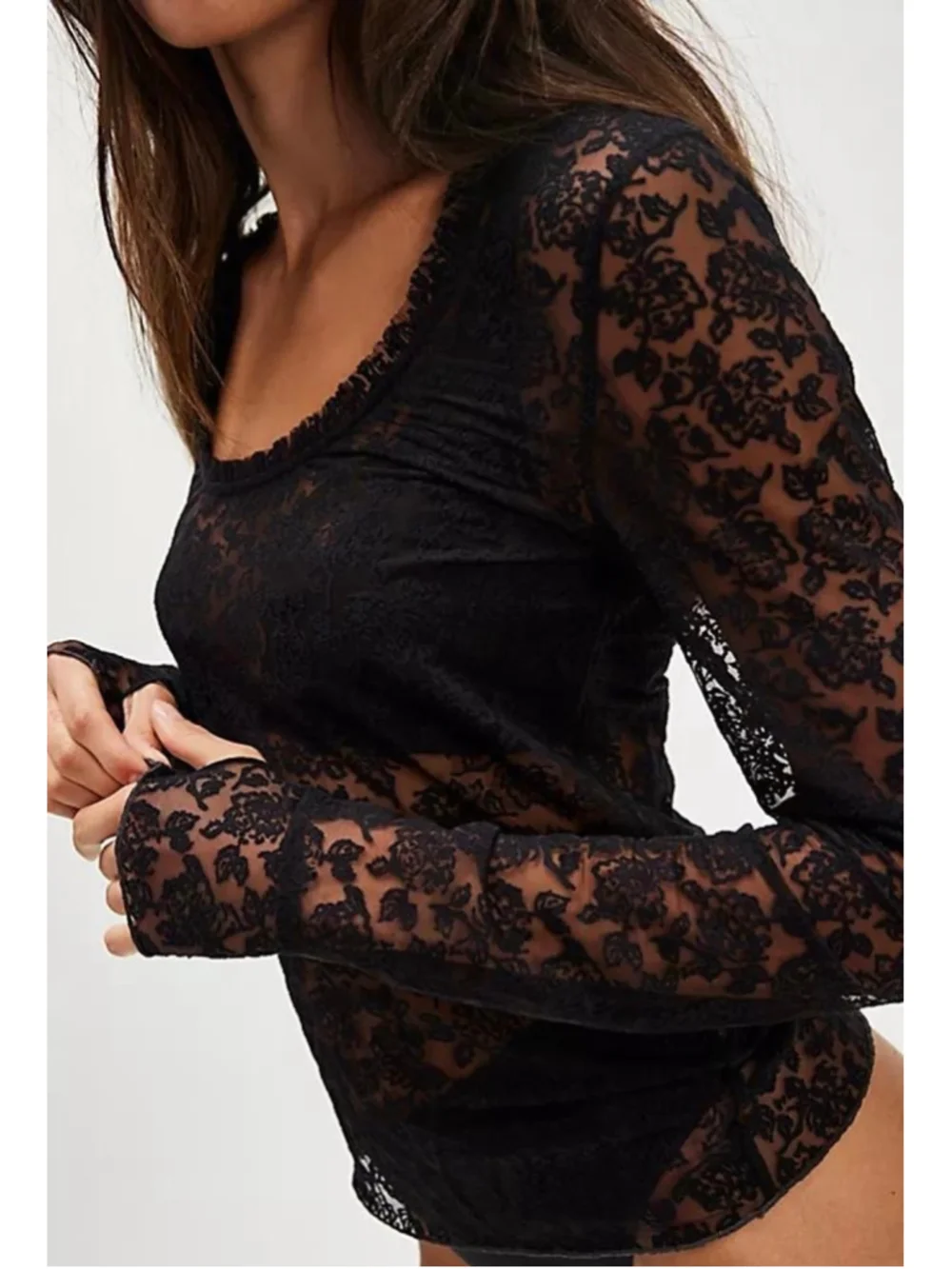 Free People Turning Heads Lacy Top XS Black Floral Lace Sheer Mesh NWT